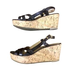 10022-Shoe Saks Fifth Avenue Brown Leather Strap Cork Wedges Size 7